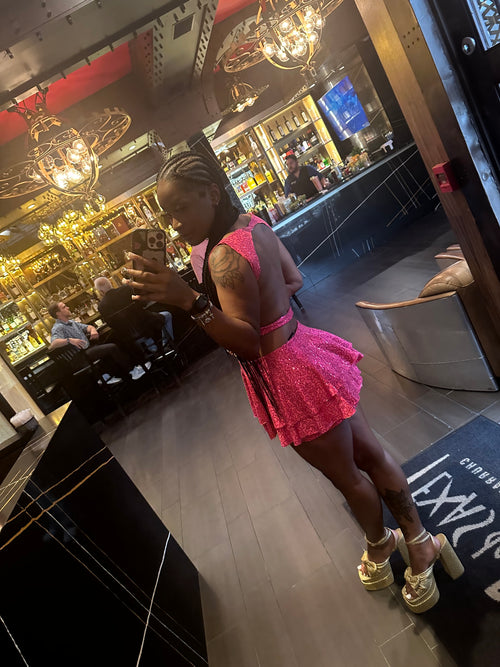That Girl Sequins Set, ruffle mini skirt and open-back top by Aravella's Wardrobe