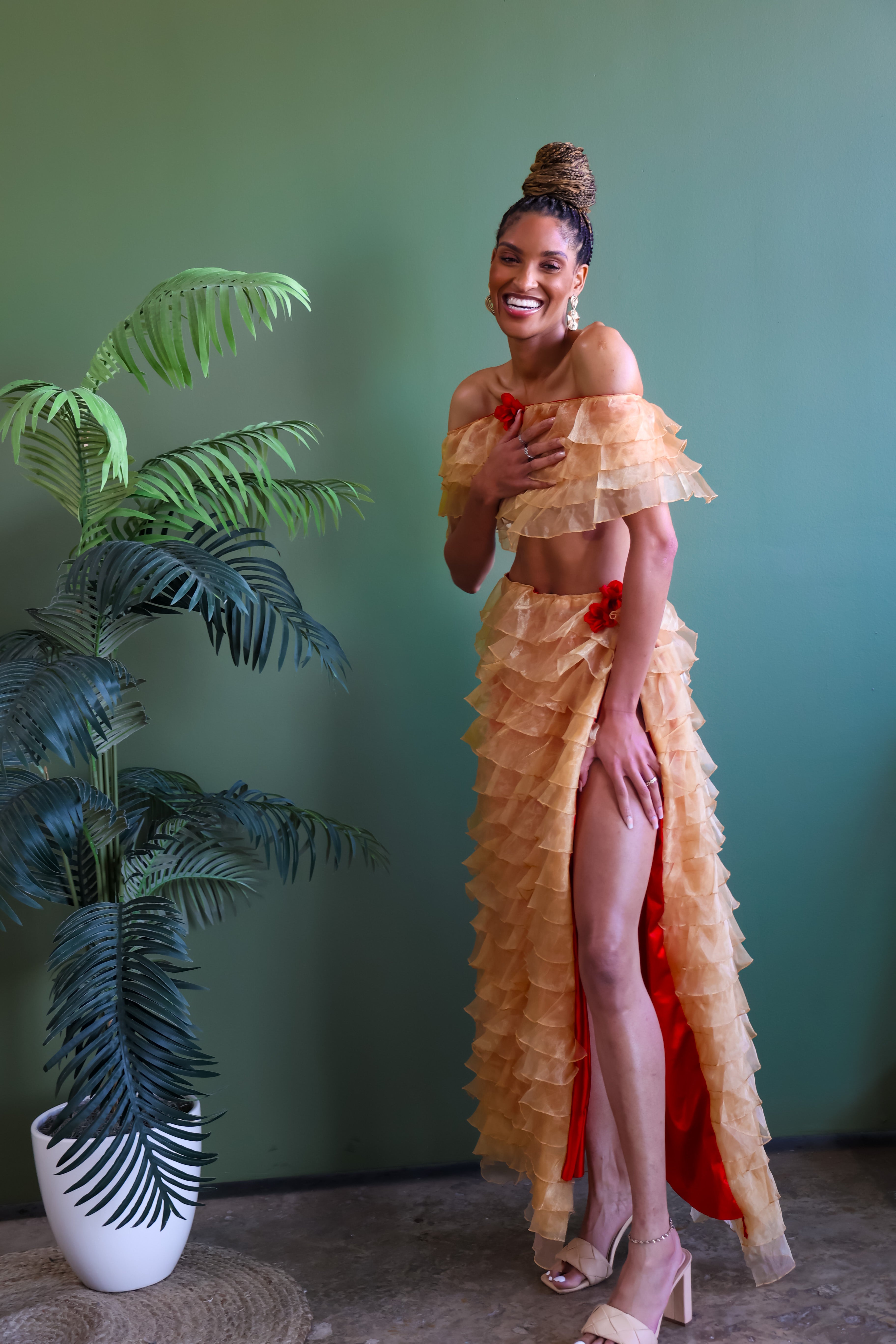 Rose Golden Slit Skirt Set, handcrafted by Aravella's Wardrobe