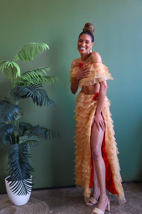 Rose Golden Slit Skirt Set, handcrafted by Aravella's Wardrobe