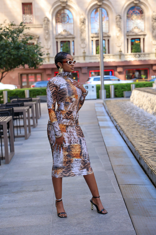 Rora Midi Skirt Set in animal print and olive green by Aravella's Wardrobe