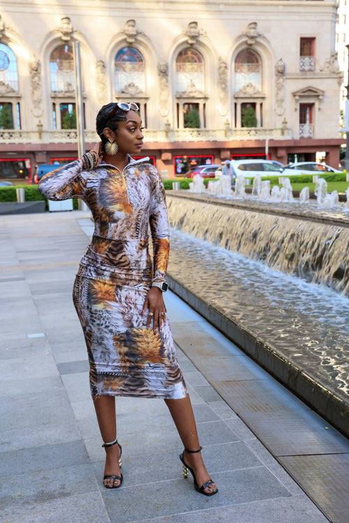 Rora Midi Skirt Set in animal print and olive green by Aravella's Wardrobe
