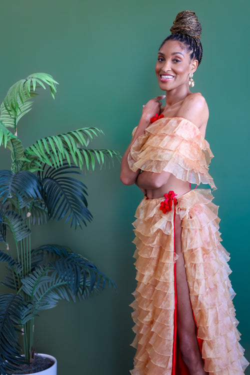 Rose Golden Slit Skirt Set, handcrafted by Aravella's Wardrobe