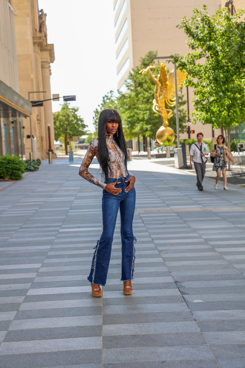 Rora Bodysuit in animal print and olive green by Aravella's Wardrobe