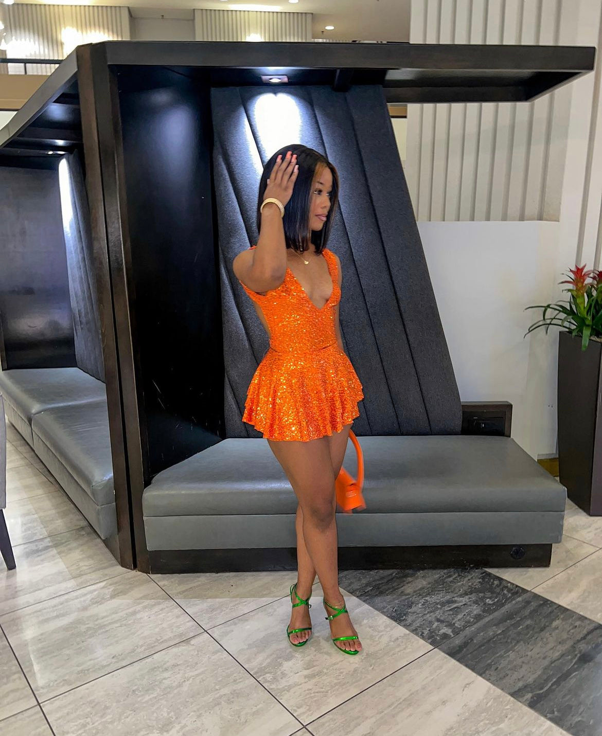 That Girl Sequins Set, ruffle mini skirt and open-back top by Aravella's Wardrobe